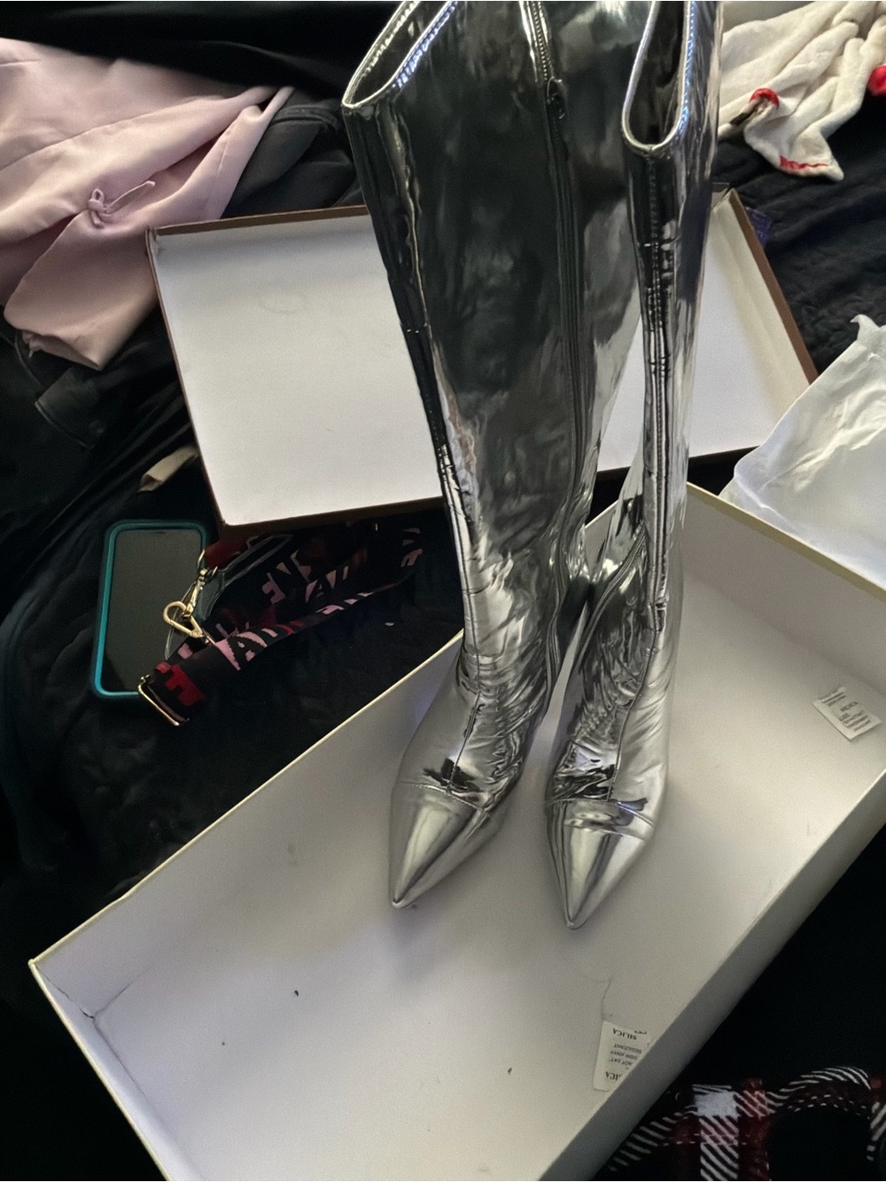 Silver Knee-High Pointed Toe Women's Boots